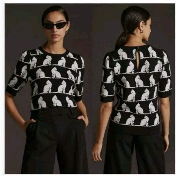 Maeve Anthropologie Harmon Jacquard Cat Sweater Black Knit Large - Picture 1 of 9
